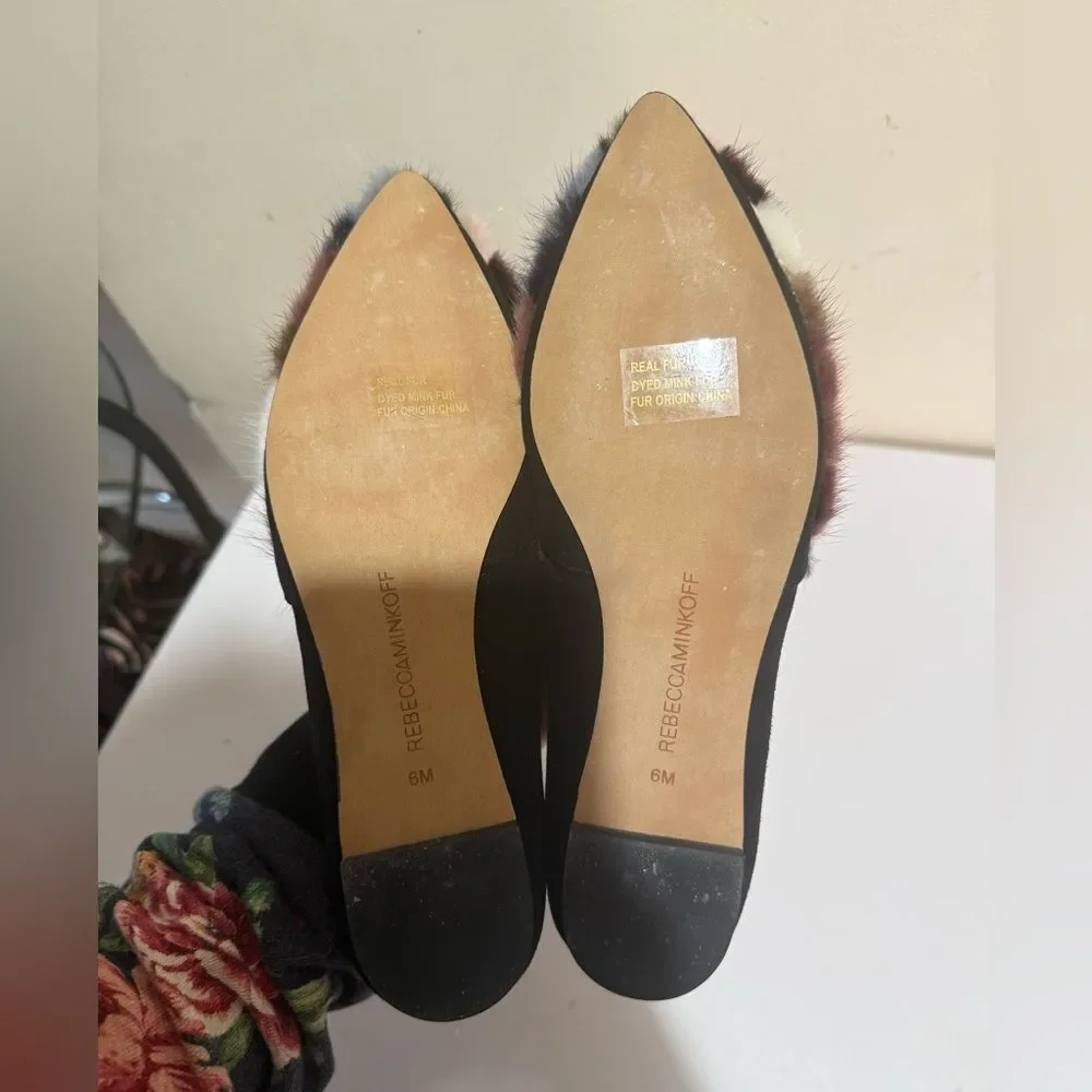 Rebecca Minkoff Amelie Suede & Striped Mink Fur Flats, Women’s Sz 6